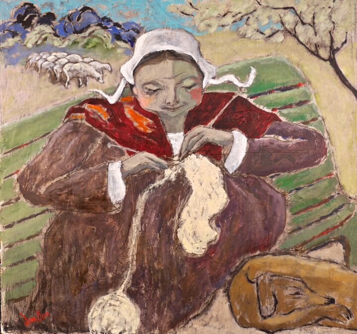Peinture intitulée "La tricoteuse" par Dominique Bertrand, Œuvre d'art originale, Huile