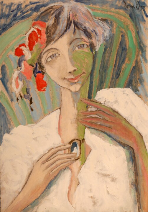Painting titled "Marie-Claire aux fl…" by Dominique Bertrand, Original Artwork, Oil