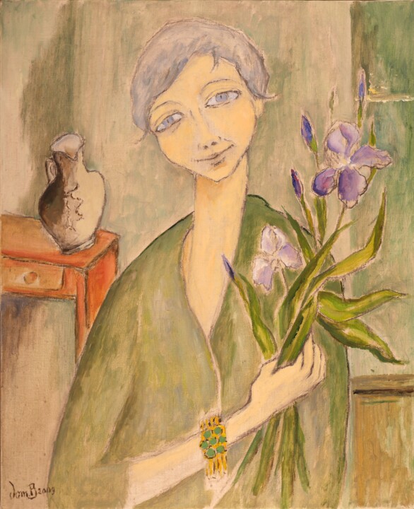 Painting titled "La femme aux iris" by Dominique Bertrand, Original Artwork, Oil