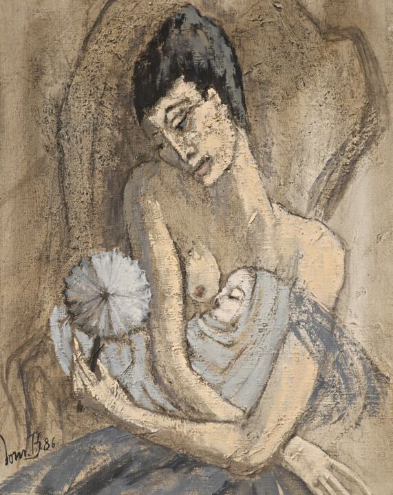 Pittura intitolato "Maternité à l'évent…" da Dominique Bertrand, Opera d'arte originale, Olio