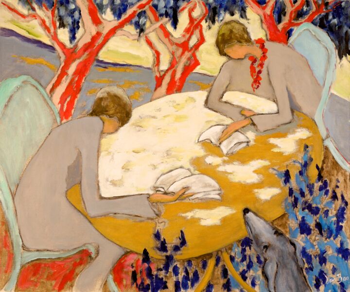 Painting titled "Les trois arbres ro…" by Dominique Bertrand, Original Artwork, Oil