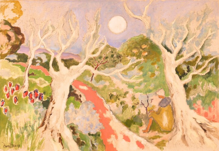 Painting titled "Les arbres blancs" by Dominique Bertrand, Original Artwork, Oil