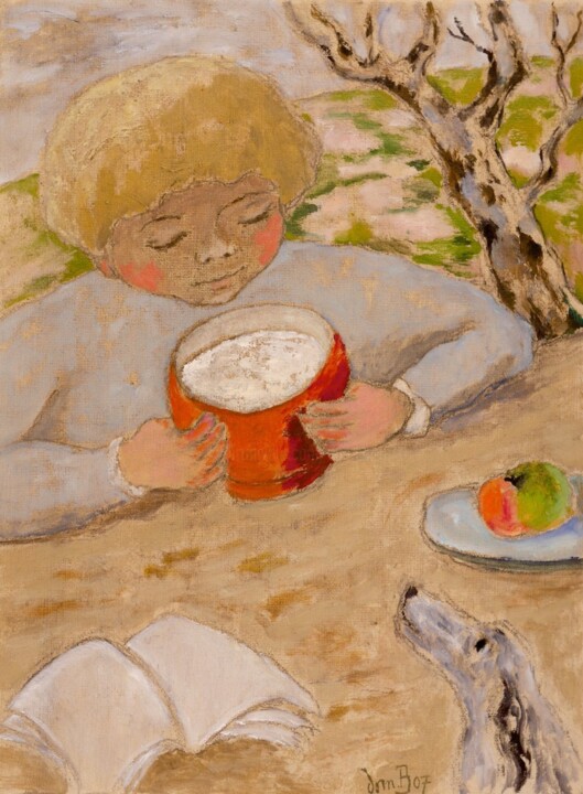 Pintura titulada "L'enfant au bol rou…" por Dominique Bertrand, Obra de arte original, Oleo