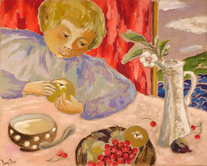 Schilderij getiteld "Enfant aux fruits" door Dominique Bertrand, Origineel Kunstwerk, Olie