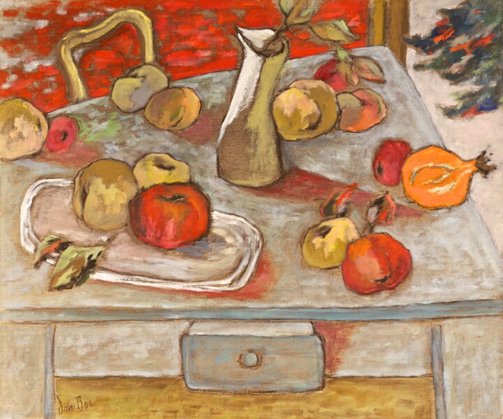 Painting titled "Table bleue" by Dominique Bertrand, Original Artwork, Oil