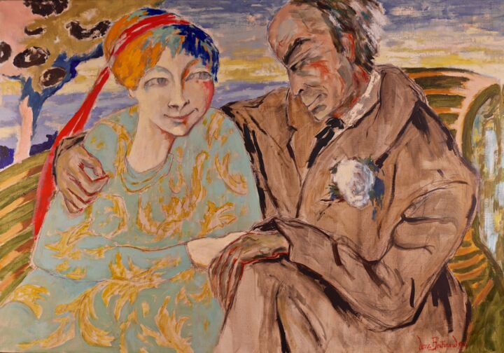Peinture intitulée "Le couple (banc ver…" par Dominique Bertrand, Œuvre d'art originale, Huile
