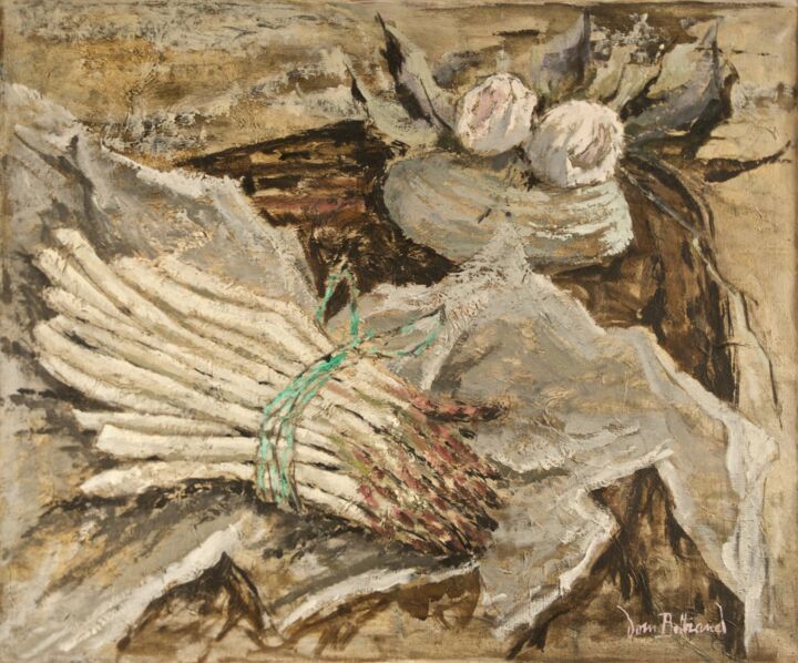 Painting titled "Asperges et roses" by Dominique Bertrand, Original Artwork, Oil