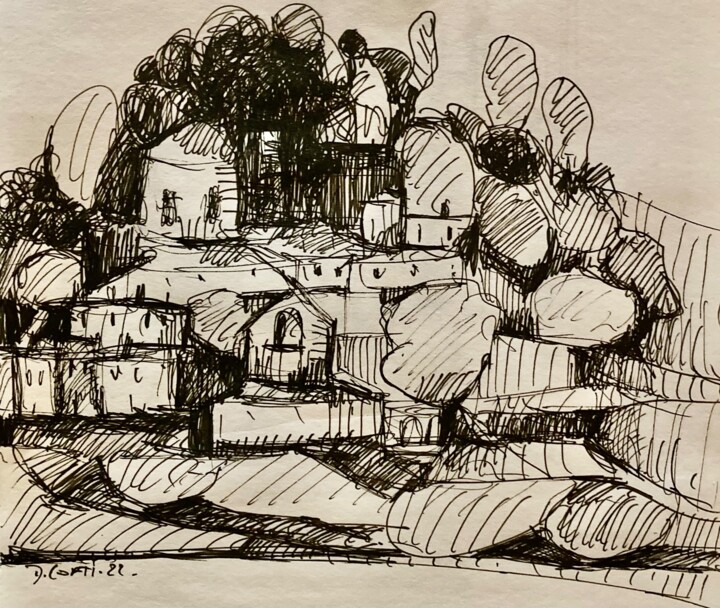 Dessin intitulée "Hameau" par Dominique Corti, Œuvre d'art originale, Encre