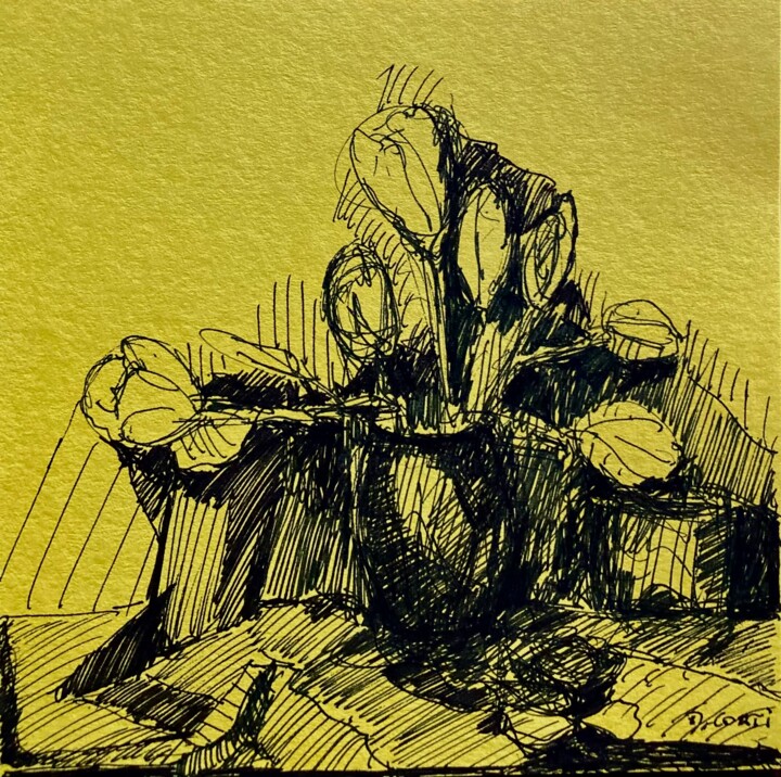 Drawing titled "Les tulipes" by Dominique Corti, Original Artwork, Ink