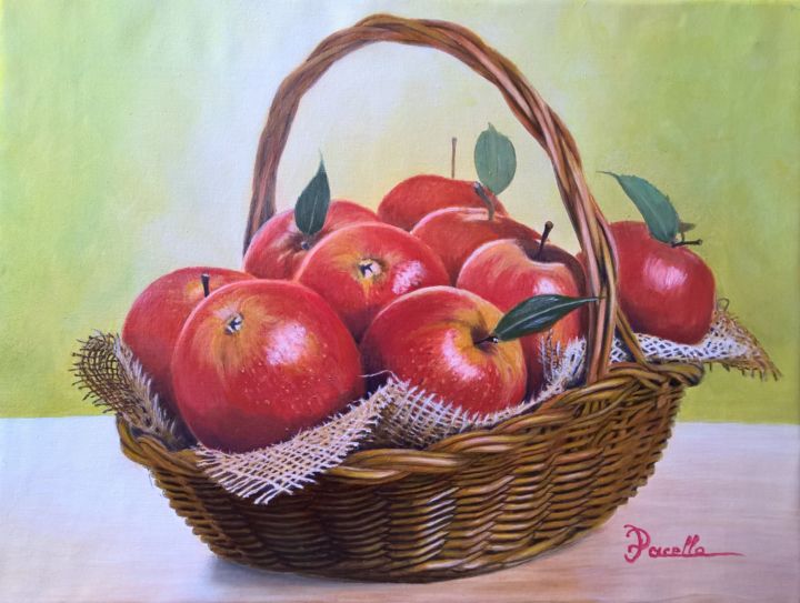 Painting titled "Cesto con mele rosse" by Domenico Pacella, Original Artwork, Oil