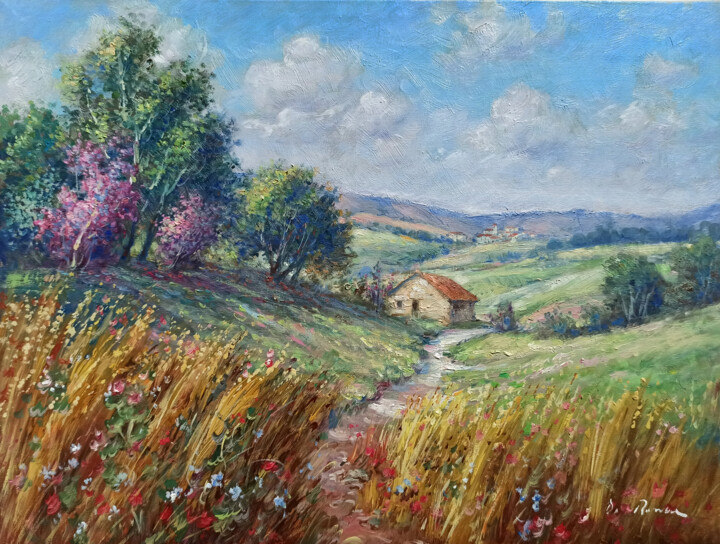 Painting titled "Tuscany bloomed cou…" by Domenico Ronca, Original Artwork, Oil Mounted on Wood Stretcher frame