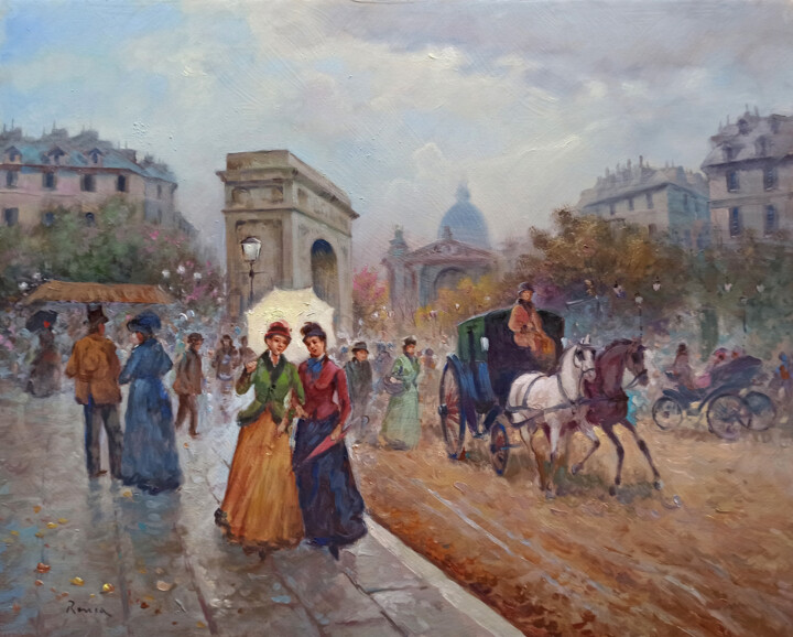 Painting titled "Walking around Pari…" by Domenico Ronca, Original Artwork, Oil Mounted on Wood Stretcher frame
