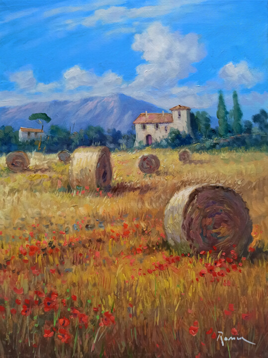 Painting titled "Summer countryside…" by Domenico Ronca, Original Artwork, Oil Mounted on Wood Stretcher frame