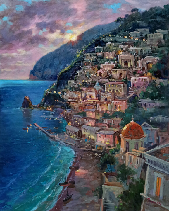 Painting titled "Sunset on the coast…" by Domenico Ronca, Original Artwork, Oil Mounted on Wood Stretcher frame