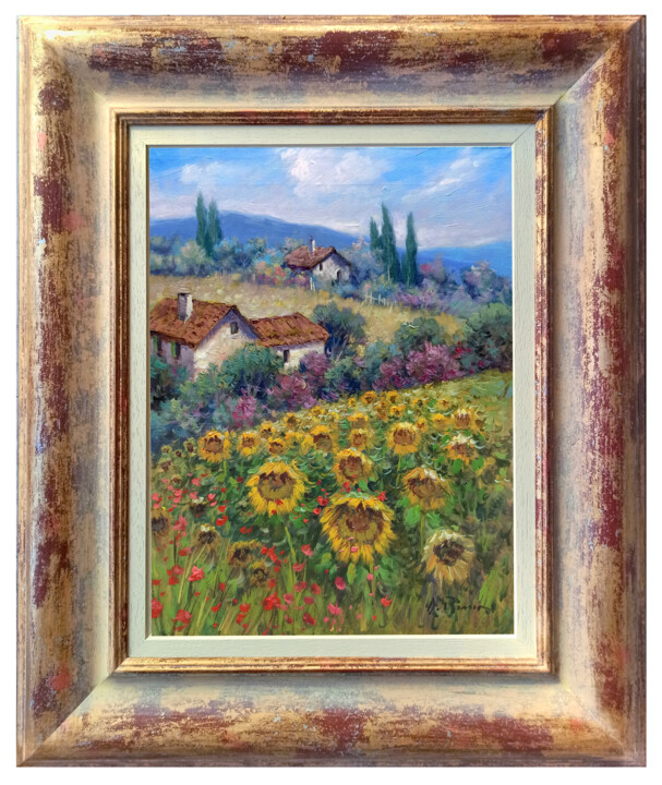 Painting titled "Landscape with sunf…" by Domenico Ronca, Original Artwork, Oil Mounted on Wood Stretcher frame