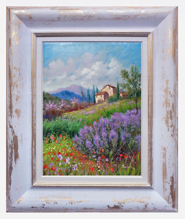 Painting titled "Spring countryside…" by Domenico Ronca, Original Artwork, Oil Mounted on Wood Stretcher frame