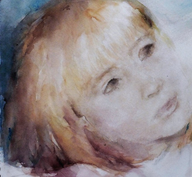 Painting titled "Innocence" by Domie, Original Artwork, Watercolor