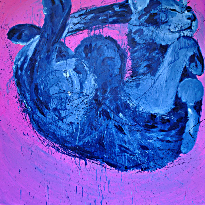 Painting titled "Blue Cat on Pink" by Dominic Virtosu, Original Artwork, Oil Mounted on Wood Stretcher frame