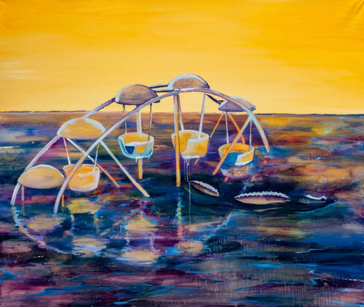 Painting titled "Ferris Wheel" by Dominic Virtosu, Original Artwork, Oil Mounted on Wood Stretcher frame