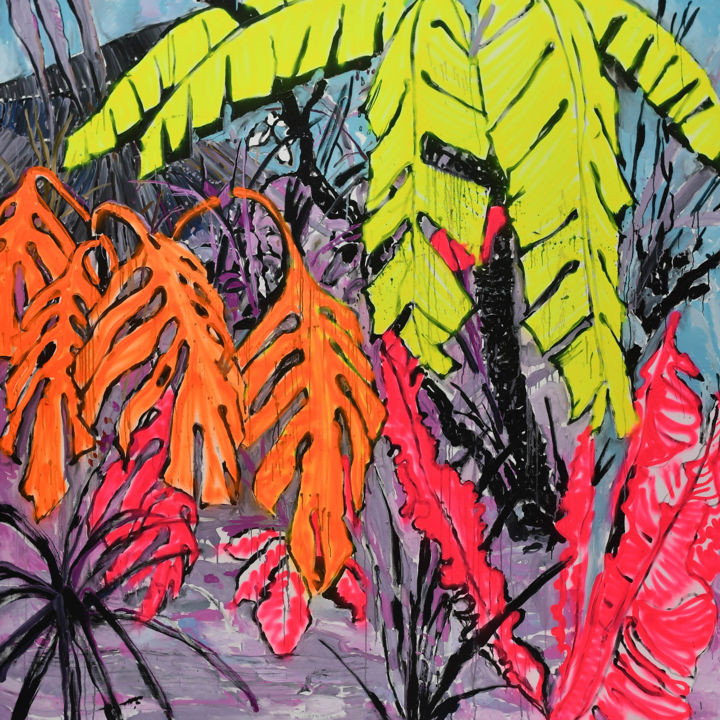 Malerei mit dem Titel "Neon Jungle" von Dominic Virtosu, Original-Kunstwerk, Öl Auf Keilrahmen aus Holz montiert