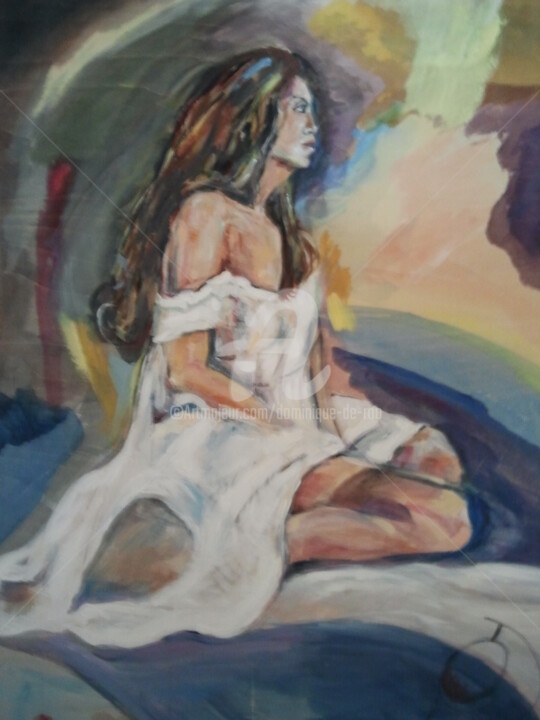 Painting titled "femme pensive" by Dominique De Roo, Original Artwork, Oil