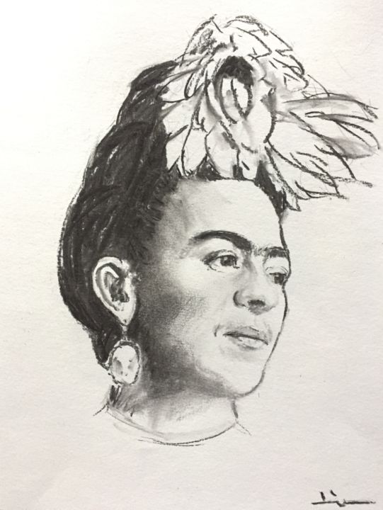 Drawing titled "Frida2" by Dominique Dève, Original Artwork, Charcoal