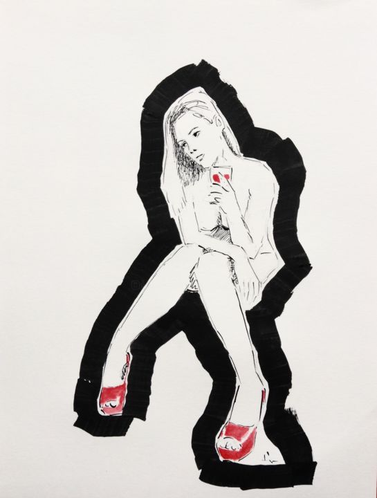 Dessin intitulée "The Red Shoes" par Dominique Dève, Œuvre d'art originale, Encre