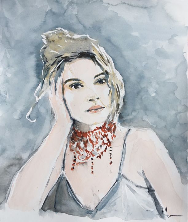 Painting titled "The Red Necklace" by Dominique Dève, Original Artwork, Watercolor