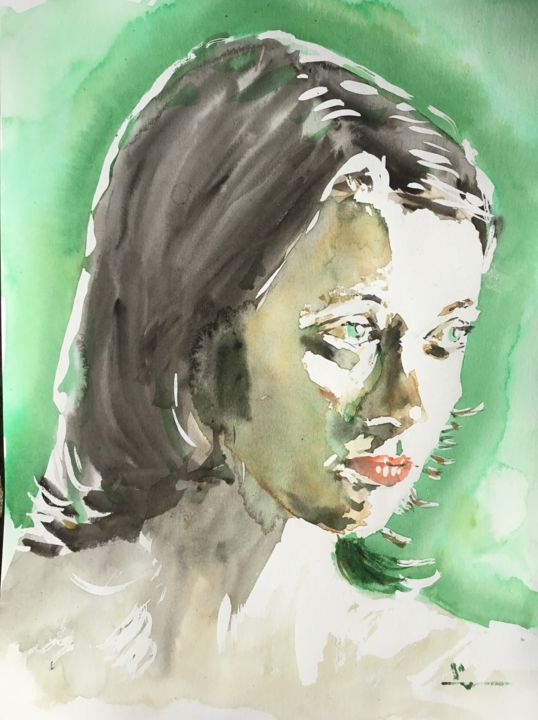 Ζωγραφική με τίτλο "Woman In Green" από Dominique Dève, Αυθεντικά έργα τέχνης, Ακουαρέλα
