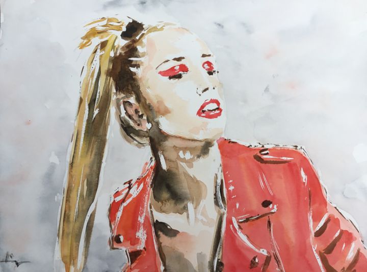 Painting titled "The Red Jacket" by Dominique Dève, Original Artwork, Watercolor