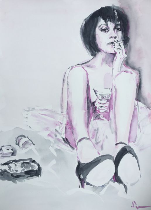 Painting titled "Late Night" by Dominique Dève, Original Artwork, Watercolor