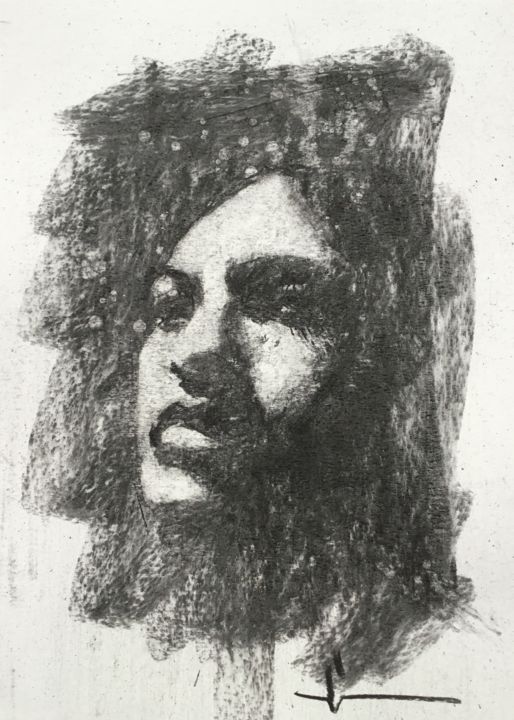 Drawing titled "Madone" by Dominique Dève, Original Artwork, Charcoal