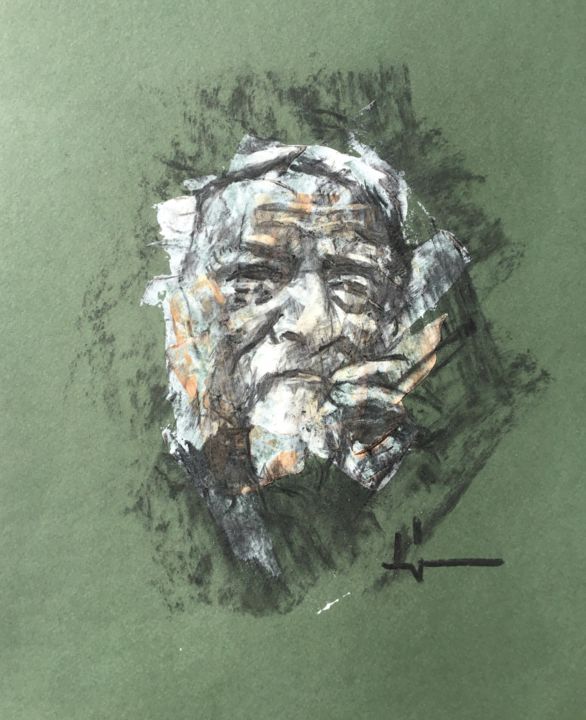 Drawing titled "Old Man Smoking" by Dominique Dève, Original Artwork, Charcoal