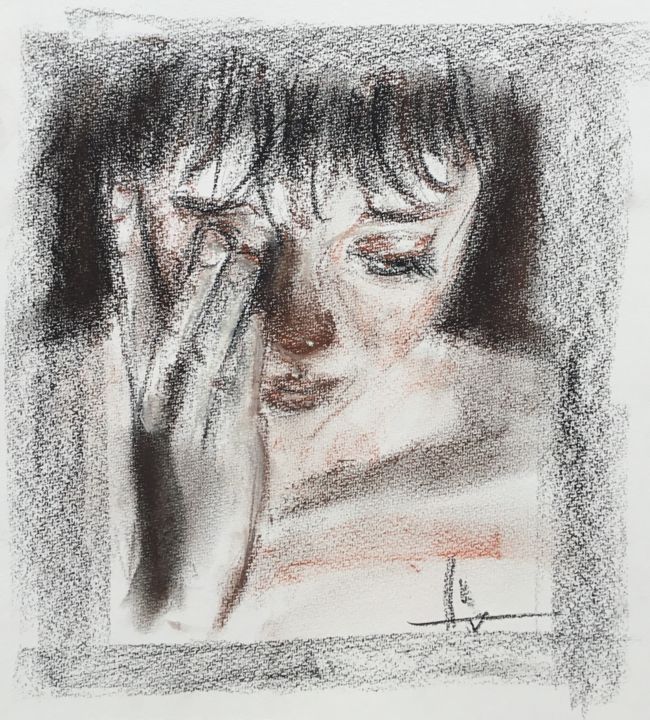 Drawing titled "Tears" by Dominique Dève, Original Artwork, Conté