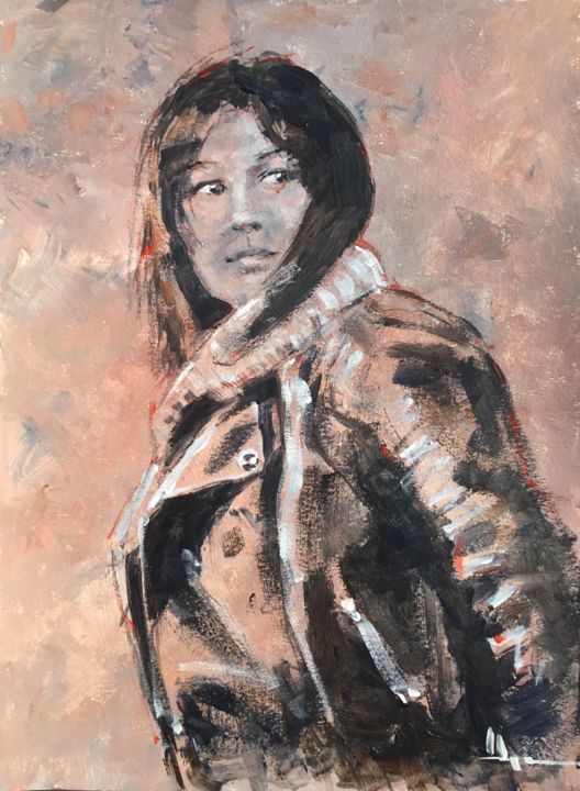 Painting titled "Girl With Jacket" by Dominique Dève, Original Artwork, Acrylic