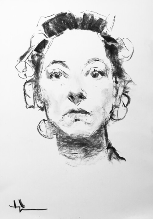 Drawing titled "Felicia #2" by Dominique Dève, Original Artwork, Charcoal