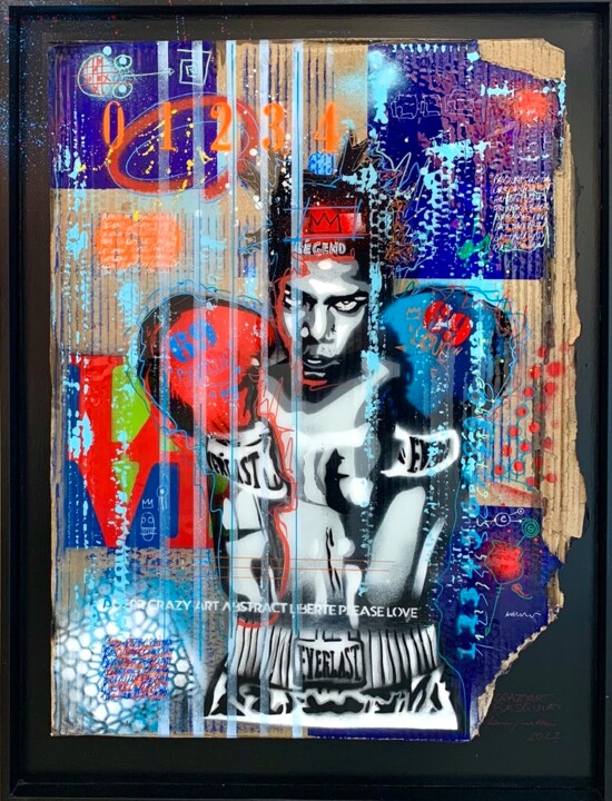 Painting titled "Le Combat" by Dominique Doerr, Original Artwork, Spray paint Mounted on Wood Stretcher frame