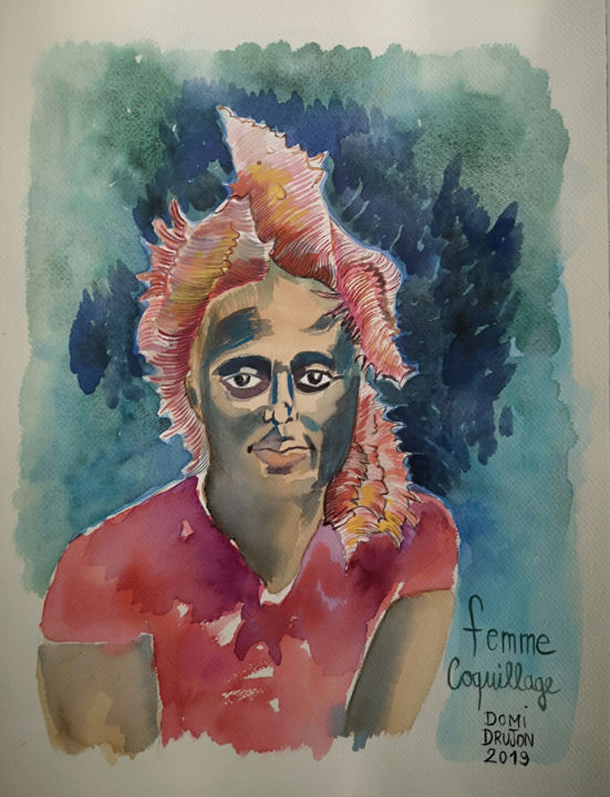 Painting titled "femme coquillage" by Dominique Drujon, Original Artwork, Watercolor