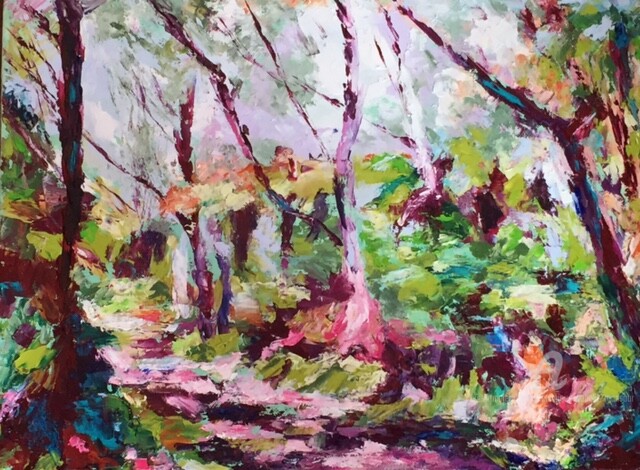Painting titled "Chemin forestier" by Dominique Gobelin Mansour, Original Artwork, Oil