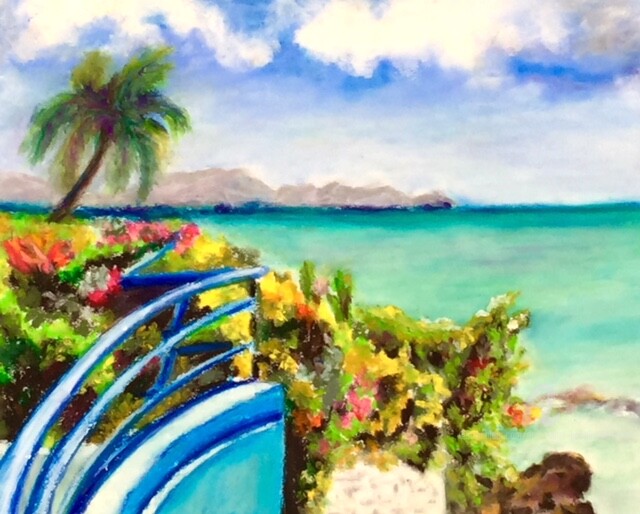 Painting titled "Balcon sur mer" by Dominique Gobelin Mansour, Original Artwork, Pastel