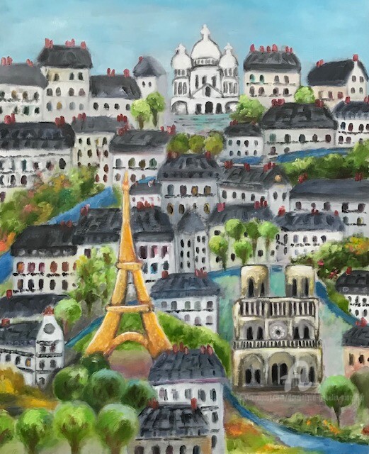 Painting titled "Paris toujours" by Dominique Gobelin Mansour, Original Artwork, Oil Mounted on Wood Stretcher frame