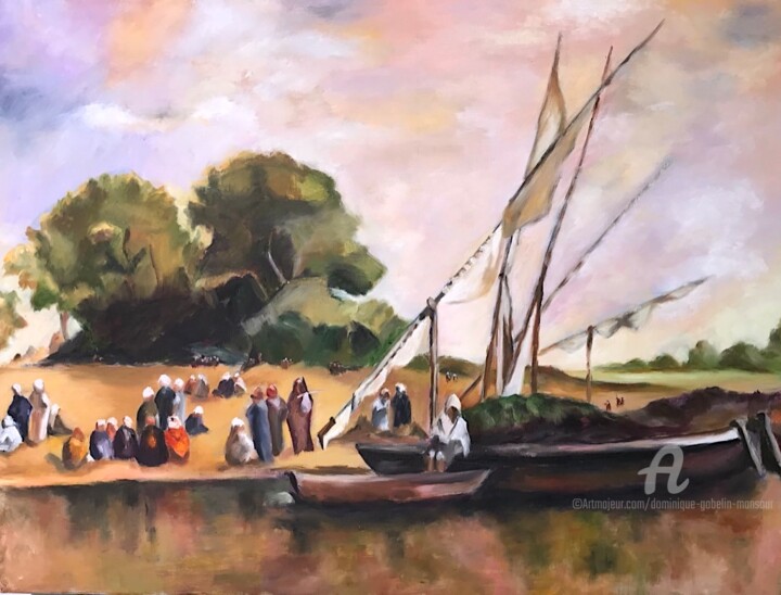 Schilderij getiteld "Les felouques du Nil" door Dominique Gobelin Mansour, Origineel Kunstwerk, Olie