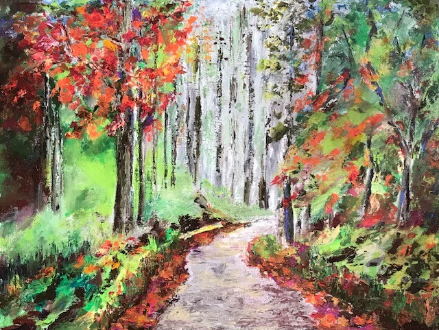 Peinture intitulée "Chemin d'automne" par Dominique Gobelin Mansour, Œuvre d'art originale, Acrylique