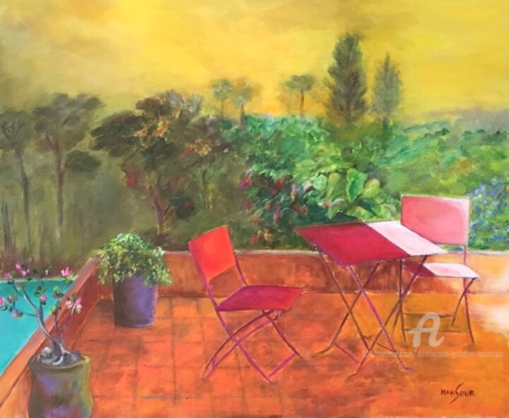 Painting titled "La terrasse" by Dominique Gobelin Mansour, Original Artwork, Acrylic Mounted on Cardboard