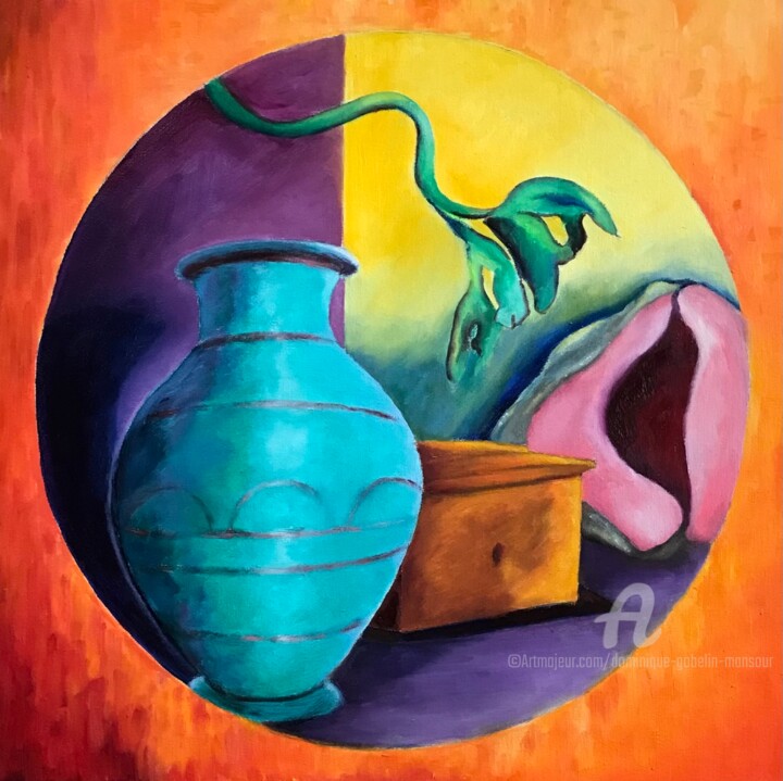 Painting titled "Still life in the m…" by Dominique Gobelin Mansour, Original Artwork, Oil