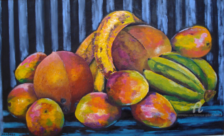 Painting titled "fruits tropicaux" by Dominique Gobelin Mansour, Original Artwork, Oil