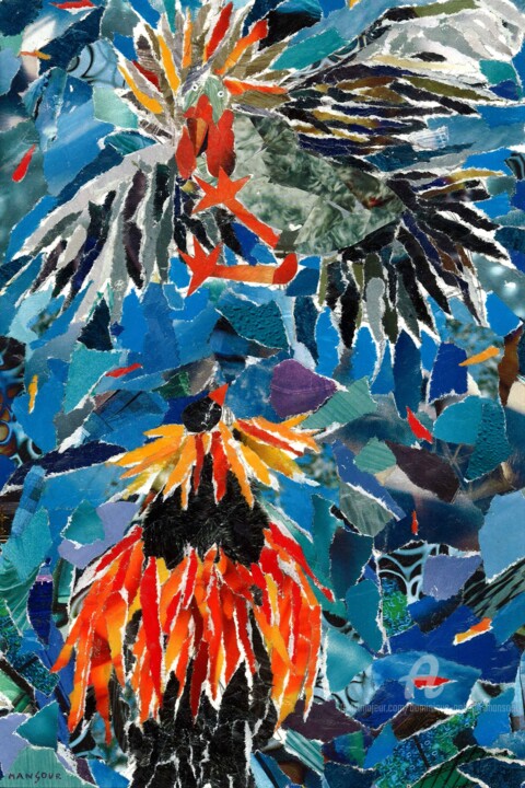 Collages intitulée "guerre en plumes" par Dominique Gobelin Mansour, Œuvre d'art originale