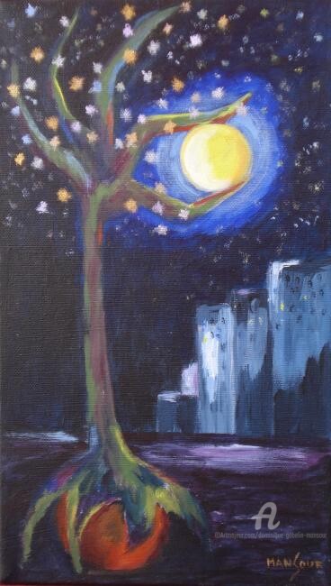 Pintura titulada "l'arbre la nuit" por Dominique Gobelin Mansour, Obra de arte original, Acrílico