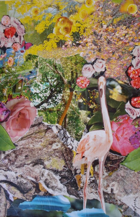 Collages titled "Rose flamant" by Dominique Gobelin Mansour, Original Artwork