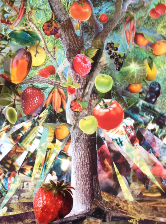 Collages intitulée "l'arbre gourmand" par Dominique Gobelin Mansour, Œuvre d'art originale